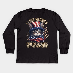 4th July Cat Lover I Love Meowica Funny Patriotic Cat Woman Kids Long Sleeve T-Shirt